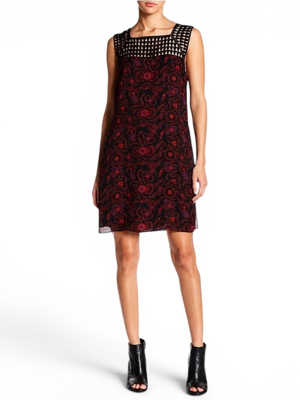 A.L.C. Helen Black Red Floral Silk Mini Dress with Crochet Lace Neckline XS